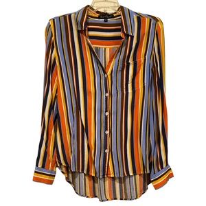 Velvet Heart Button Front Striped Shirt | Blue /Orange/White/Gold | Size M